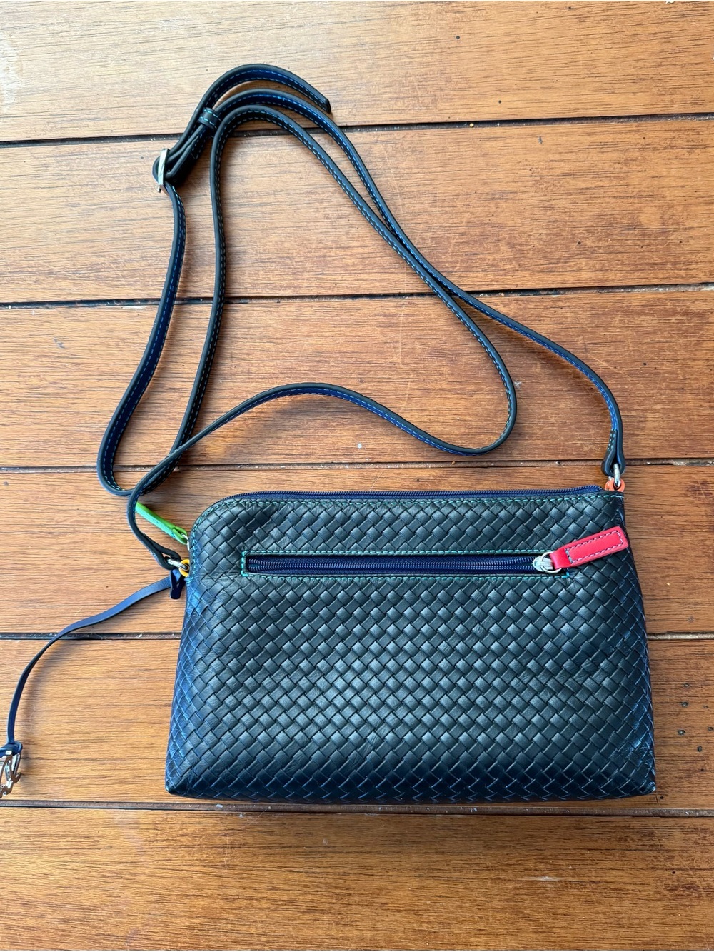 Woven Leather Crossbody Bag - Black with Color-Contrast Accents